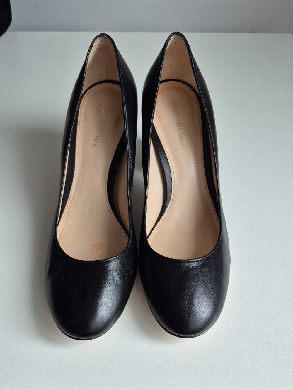 Stuart Weitzman Black Leather Round Toe Block Heels, Dress Shoes 7.5